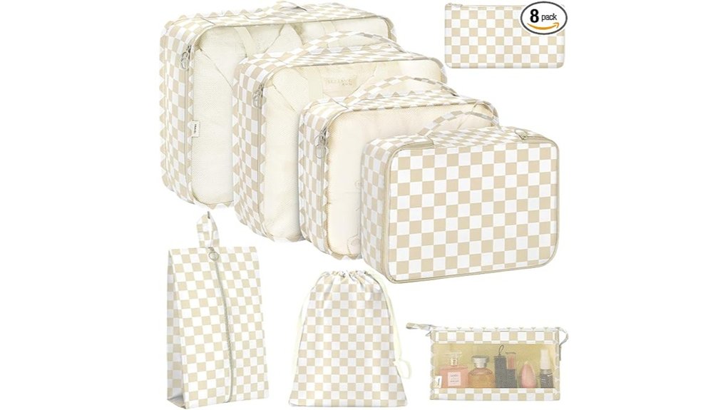 8 piece khaki checkered packing cubes